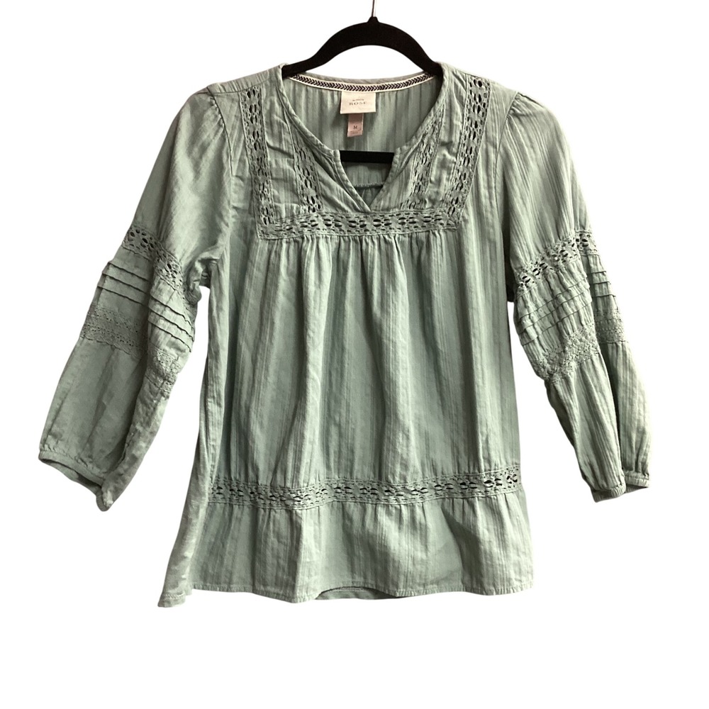 Knox Rose Peasant Blouse Crochet Trim Boho‎ Cottagecore Top Green Size M